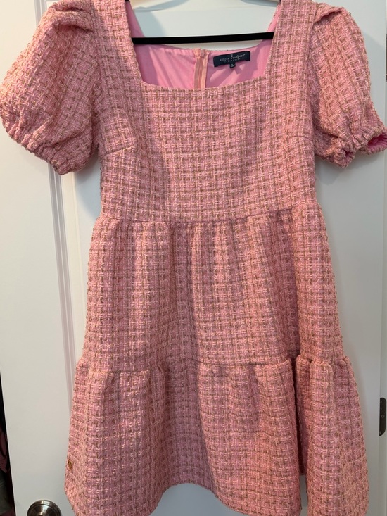 Simply Southern Dresses & Skirts - Simply Southern Pink Gold Tweed Tiered Women’s Dress with Puff Sleeves- Large